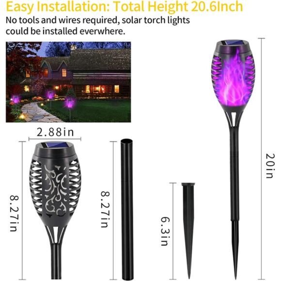 Solar Lights Outdoor,Halloween Decorations Purple Solar Tiki Torches for Outside - Picture 3 of 7